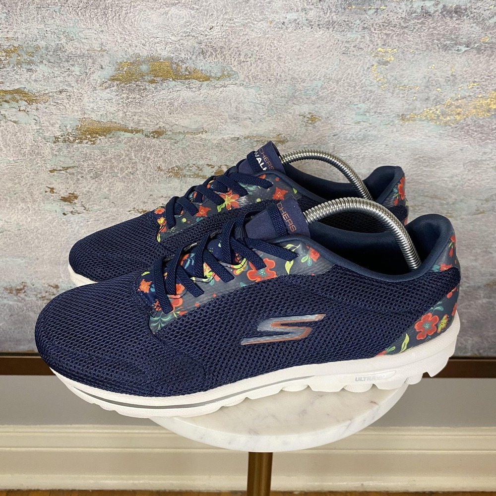 Skechers GOwalk Shoes Womens Size 11 Blue Floral Mesh Walking Sneakers 124175W